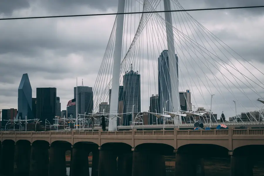 The Margaret Hunt Hill Bridge and downtown Dallas