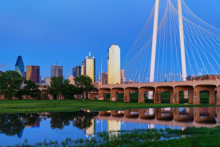 The Dallas skyline and the Margaret Hunt Hill Bridge over the Trinity River